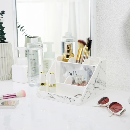 Eleganter Make-up-Koffer mit Marmordruck, Pinselhalter, Make-up-Organizer aus Kunststoff, Marmor, für Kommode, Badezimmer